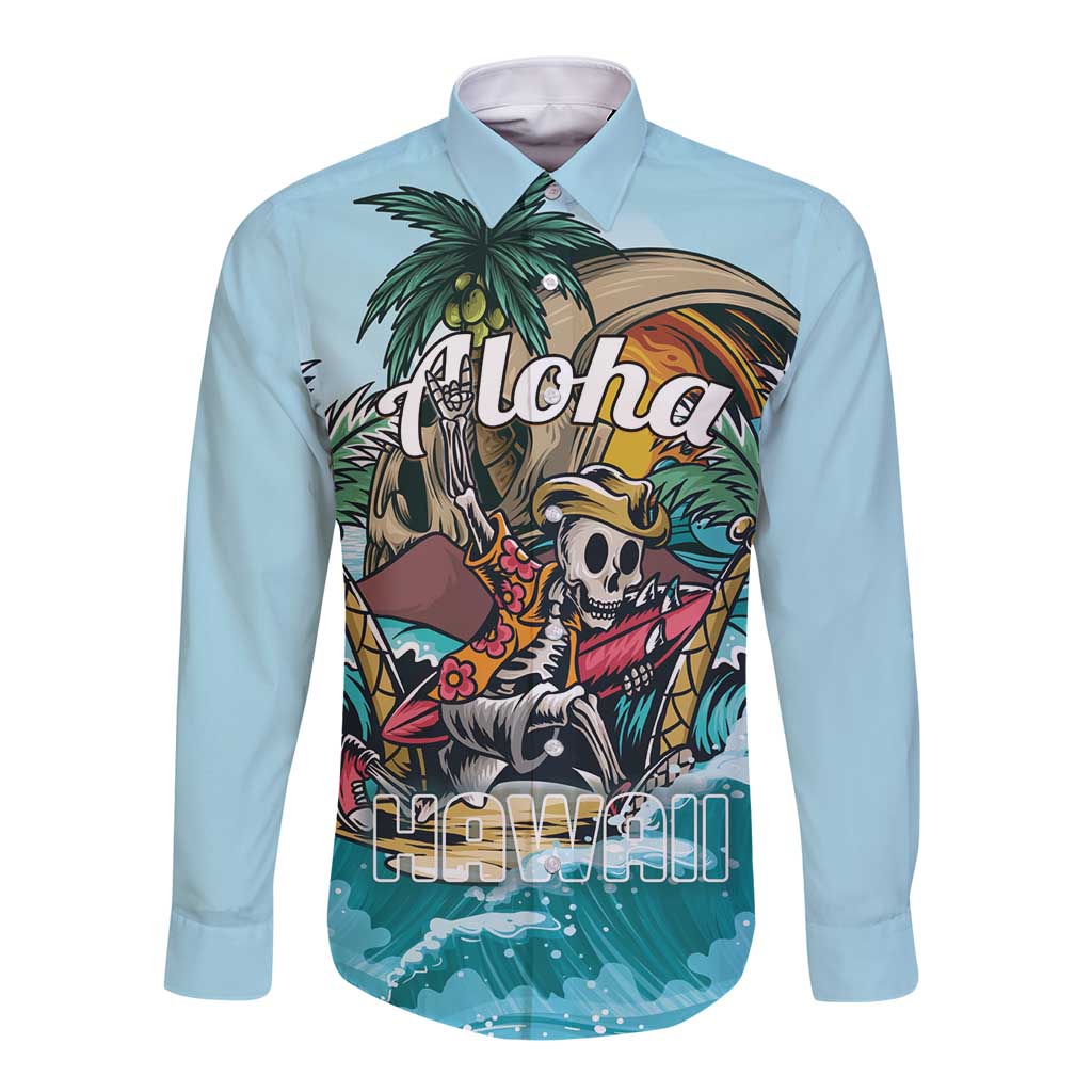 Light blue long-sleeve button-up shirt with tropical skeleton aloha graphic