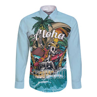 Light blue long-sleeve button-up shirt with tropical skeleton aloha graphic