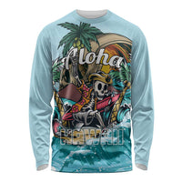 Light blue long sleeve shirt with skeleton “Aloha” and “Hawai'i” graphic