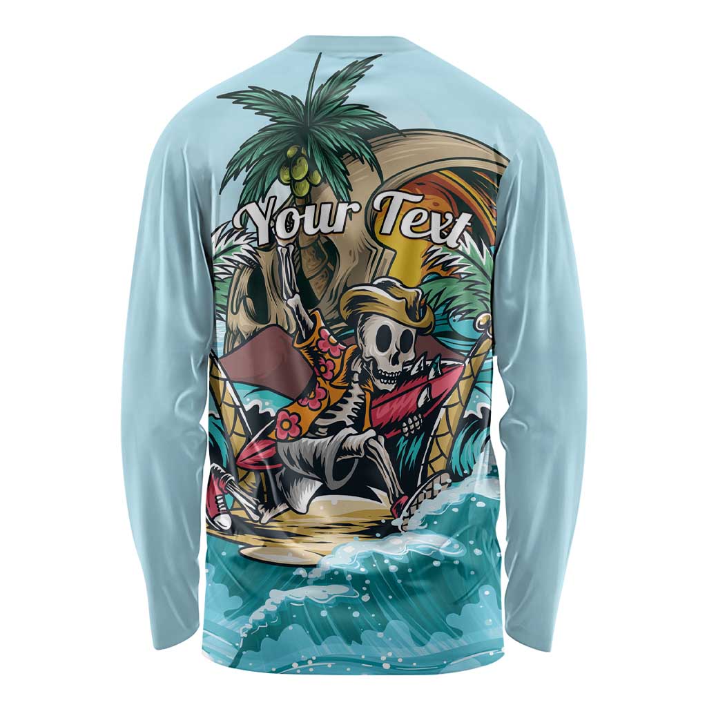 Light blue long sleeve shirt with back skeleton tropical wave graphic
