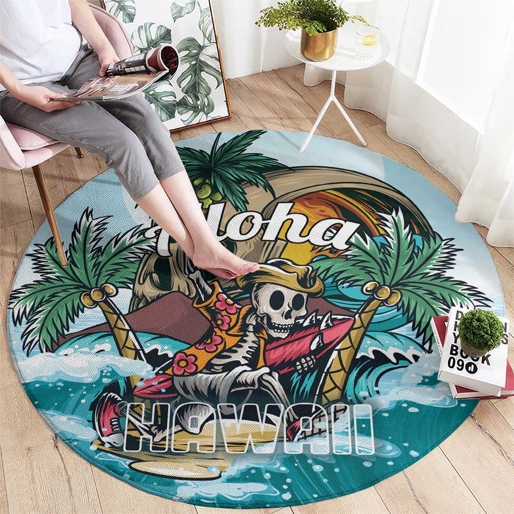 Round blue tropical rug with aloha pirate skeleton and palm leaves