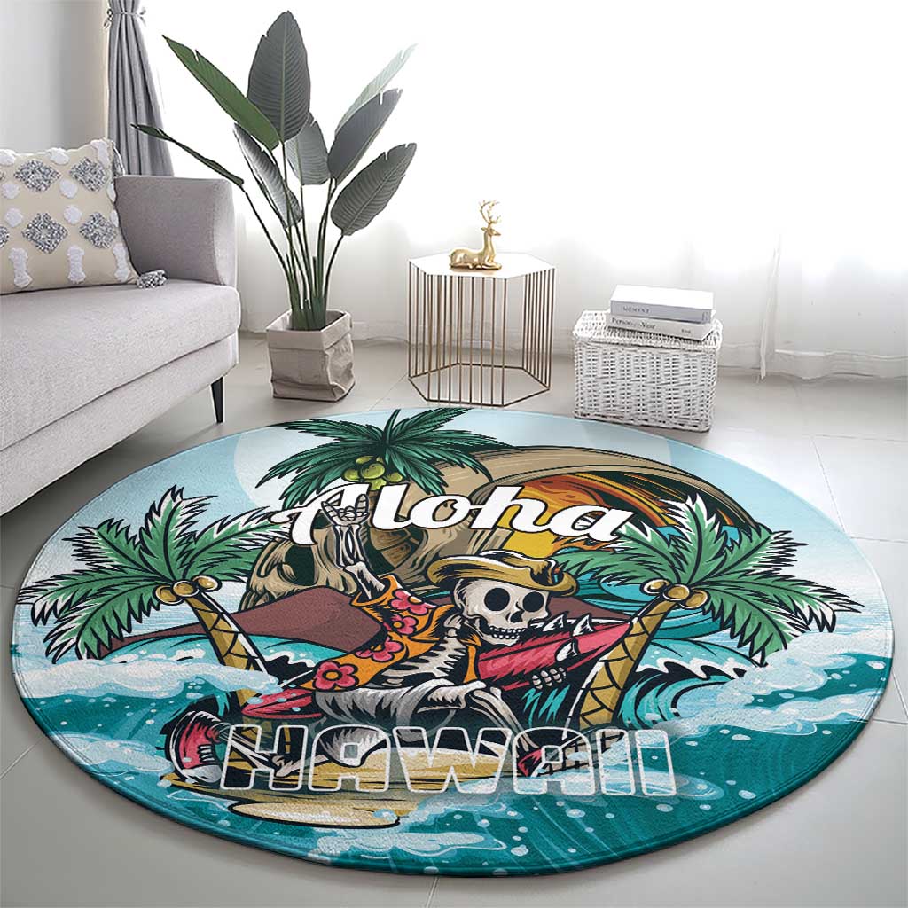 Round blue tropical rug with centered aloha logo, pirate skeleton, palms and sea waves