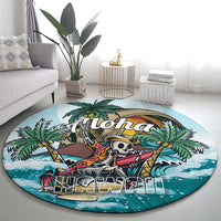 Round blue tropical rug with centered aloha logo, pirate skeleton, palms and sea waves