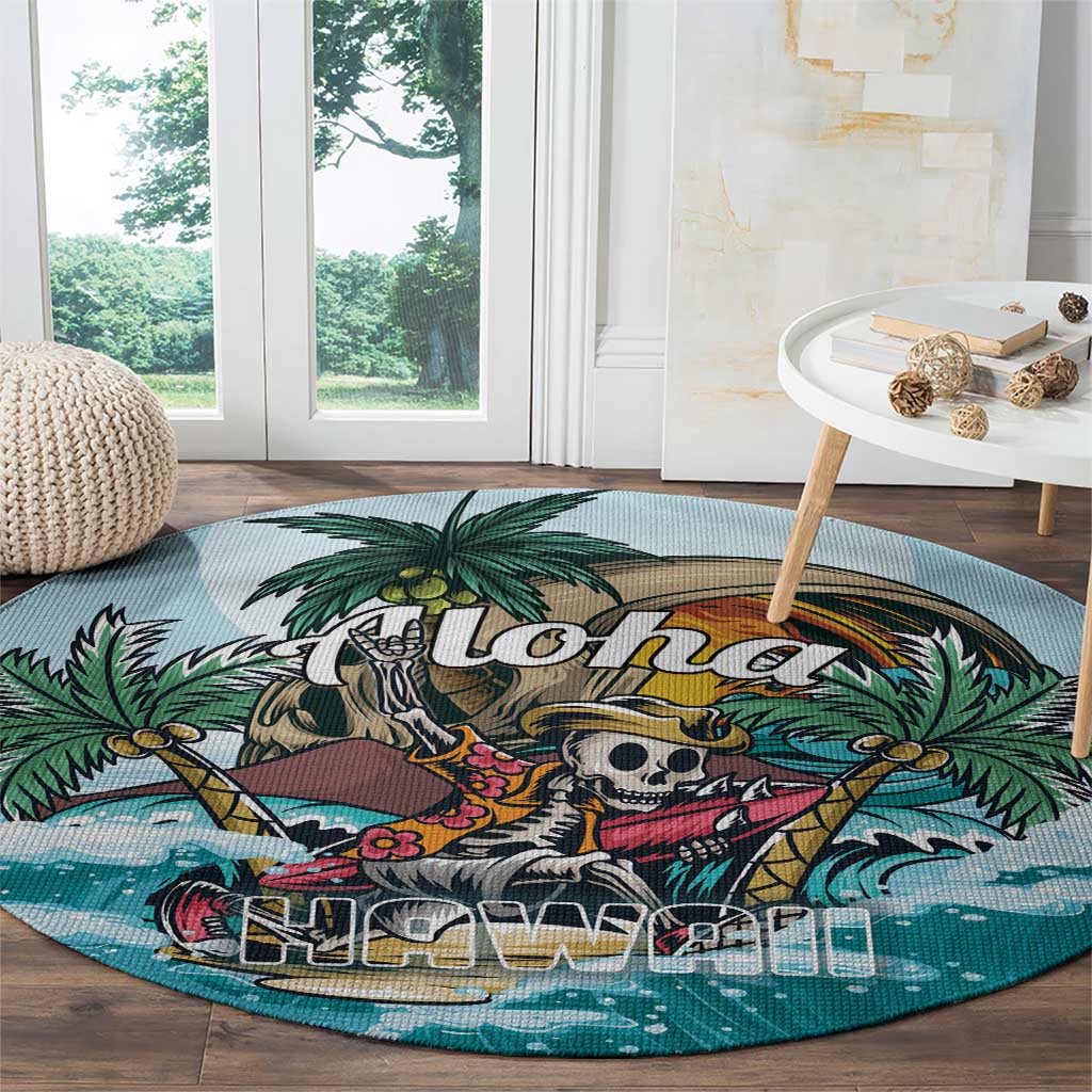 Round blue round rug with aloha pirate skeleton design, palm leaves, and wave pattern