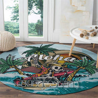 Round blue round rug with aloha pirate skeleton design, palm leaves, and wave pattern