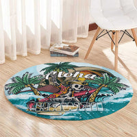 Round blue tropical area rug with aloha pirate skull, palm fronds, and ocean wave print