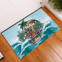 Blue rubber doormat with tropical skeleton boat graphic and 'Aloha' text