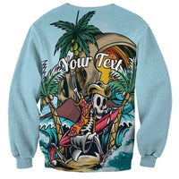 Blue crewneck sweatshirt with tropical skeleton graphic and 'Your Text' banner, back view