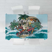 Blue square tablecloth with central skeleton “Aloha” beach graphic