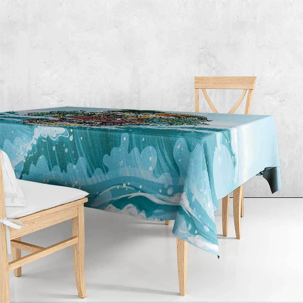 Blue ocean-splash tablecloth with colorful skeleton graphic on table