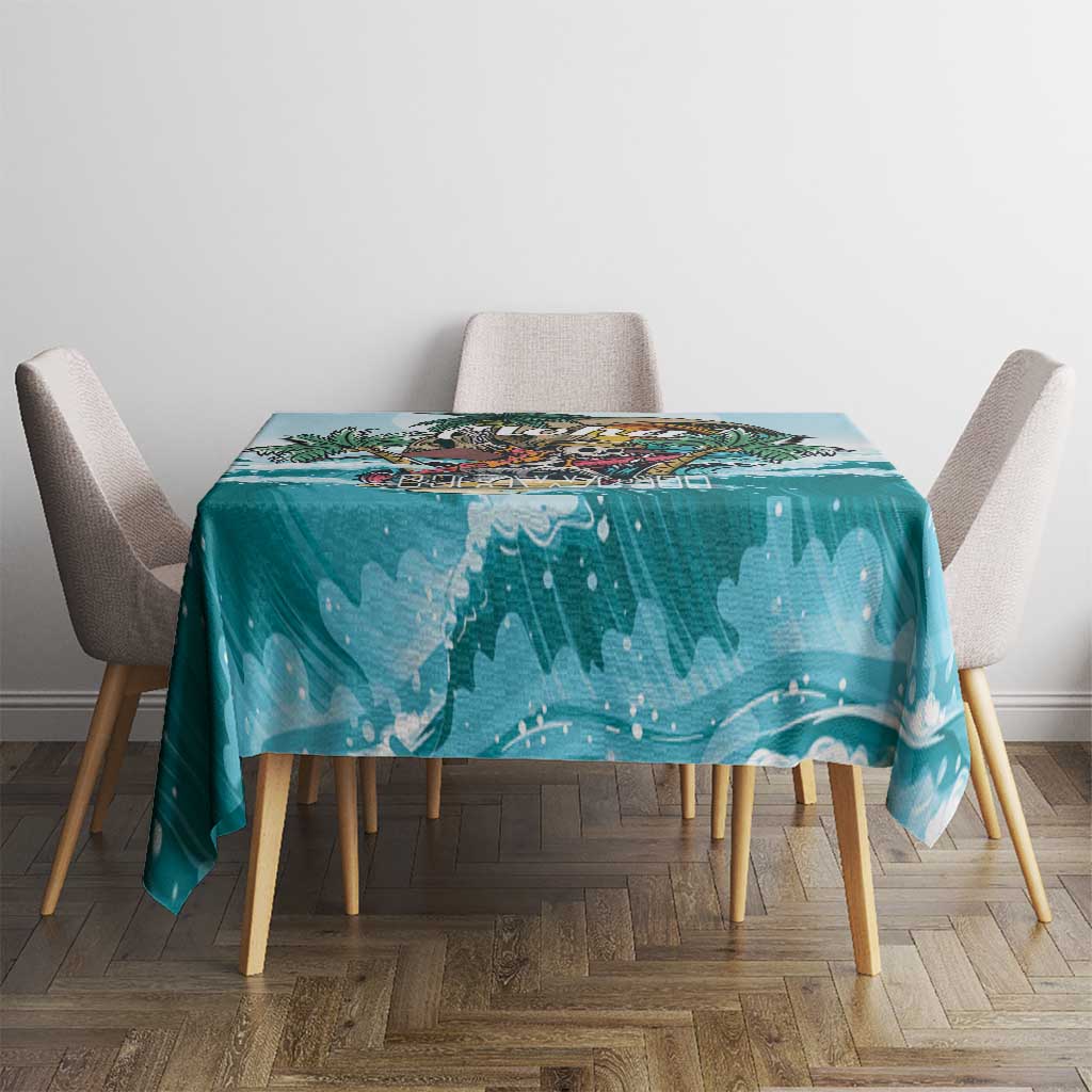 Blue round tablecloth with ocean wave pattern and skeleton-themed centerpiece