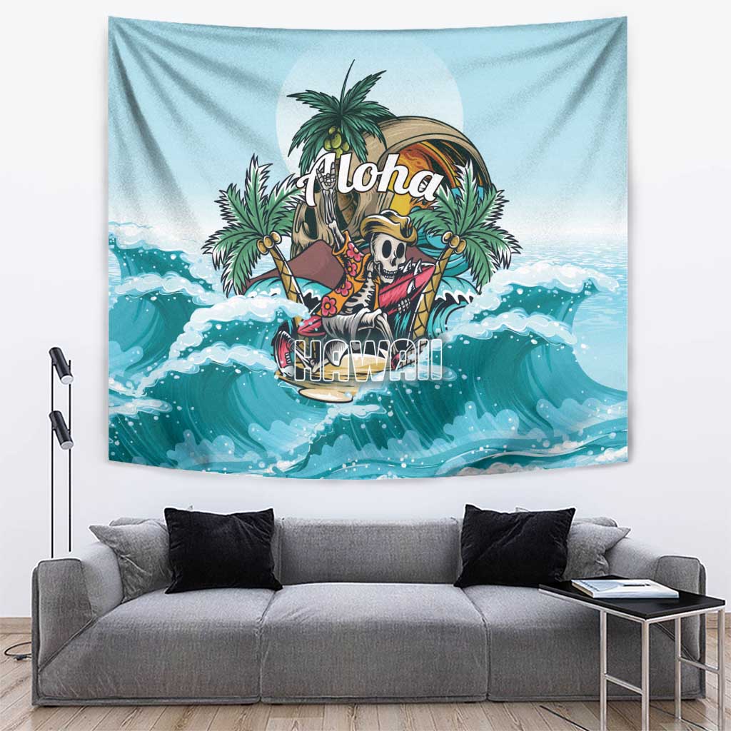 Blue tropical skeleton tapestry with Aloha lettering and skull in teal ocean waves