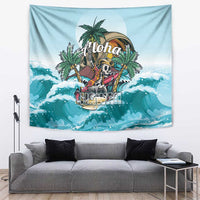 Blue tropical skeleton tapestry with Aloha lettering and skull in teal ocean waves