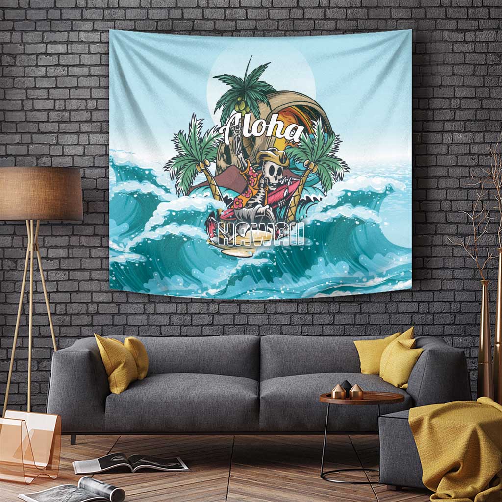 Blue tropical skeleton tapestry with Aloha lettering, skull in waves and palm leaves