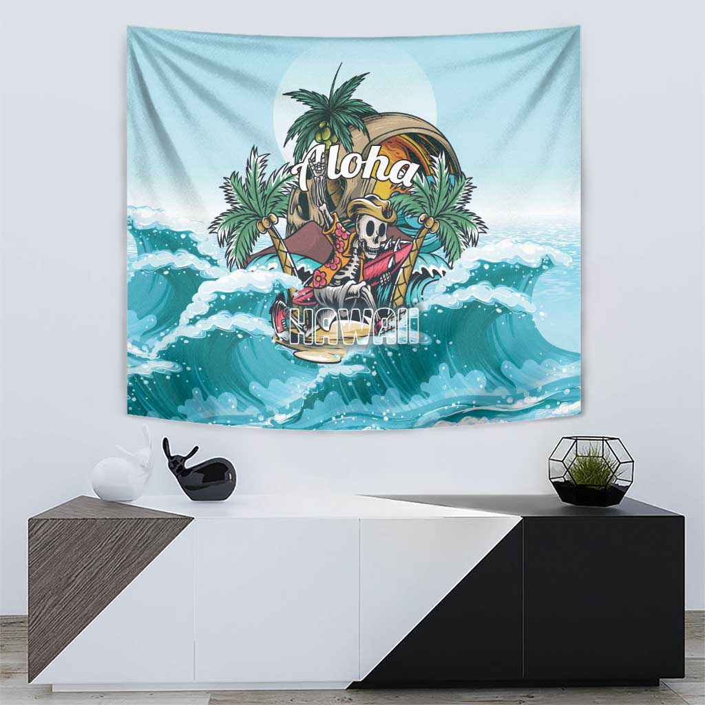 Blue tropical skeleton tapestry showing Aloha text above skull and palm leaves