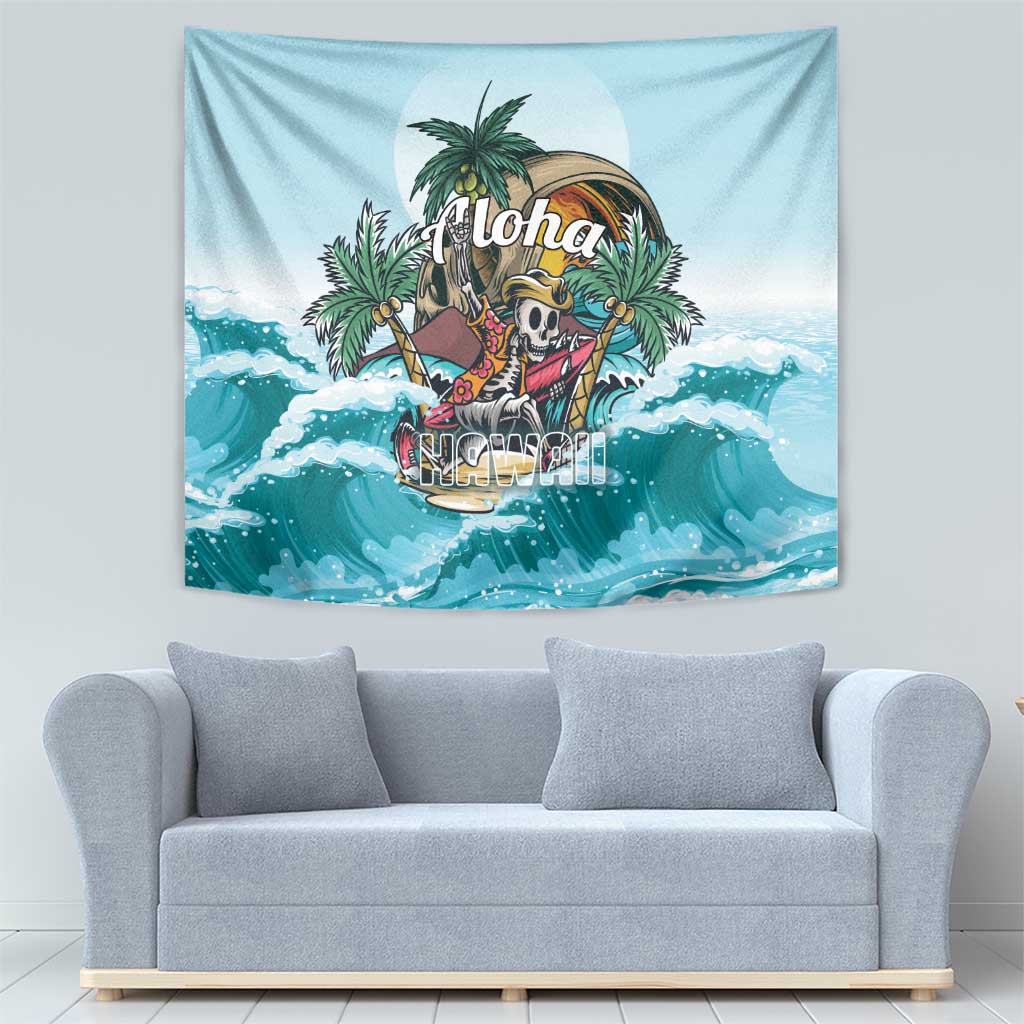 Blue tropical skeleton tapestry with Aloha text over skull in ocean waves