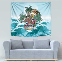 Blue tropical skeleton tapestry with Aloha text over skull in ocean waves
