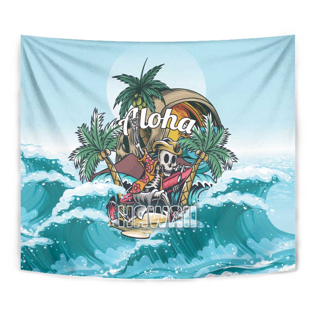 Blue tropical skeleton tapestry with Aloha text, skull centered with palm fronds