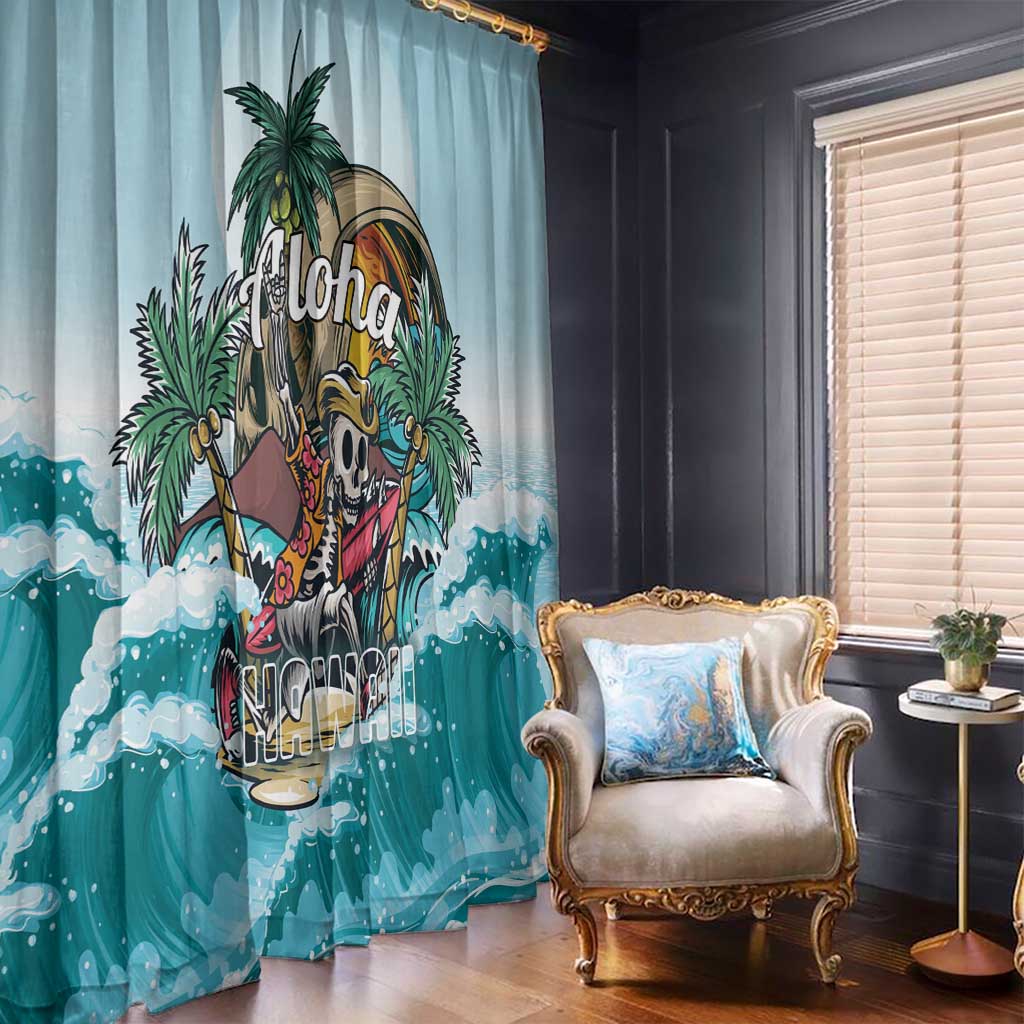 Light blue tropical curtain panel with aloha skull, palm leaves, and blue wave design