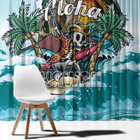 Close-up view of light blue tropical curtain print with aloha skull, palms, and ocean waves