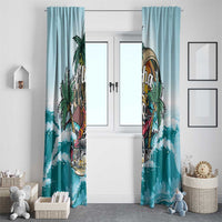 Blue tropical window curtain set with aloha skull and palm tree illustration on fabric