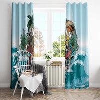 Light blue tropical curtain panels with aloha skull artwork and wave pattern at bottom