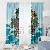 Light blue tropical window curtains with aloha skull artwork, palms, and wave scallops