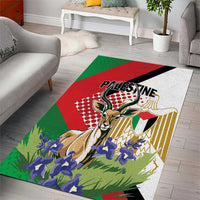Colorful area rug with PALESTINE text and mountain gazelle, blue-purple flowers, red/green/black
