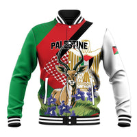 Unisex baseball jacket, red and green with striped collar, graphic front artwork