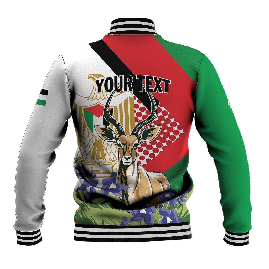 Unisex baseball jacket back, red and green with white/black striped hem and deer graphic