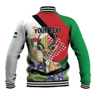 Unisex baseball jacket back, red and green with white/black striped hem and deer graphic
