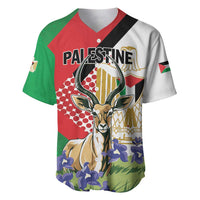 Baseball jersey with V-neck, red/green panels, “PALESTINE” and gazelle graphic