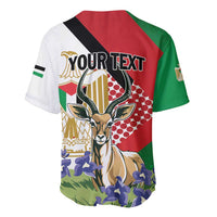 Baseball jersey with V-neck, “YOUR TEXT” and gazelle artwork on red/green/white