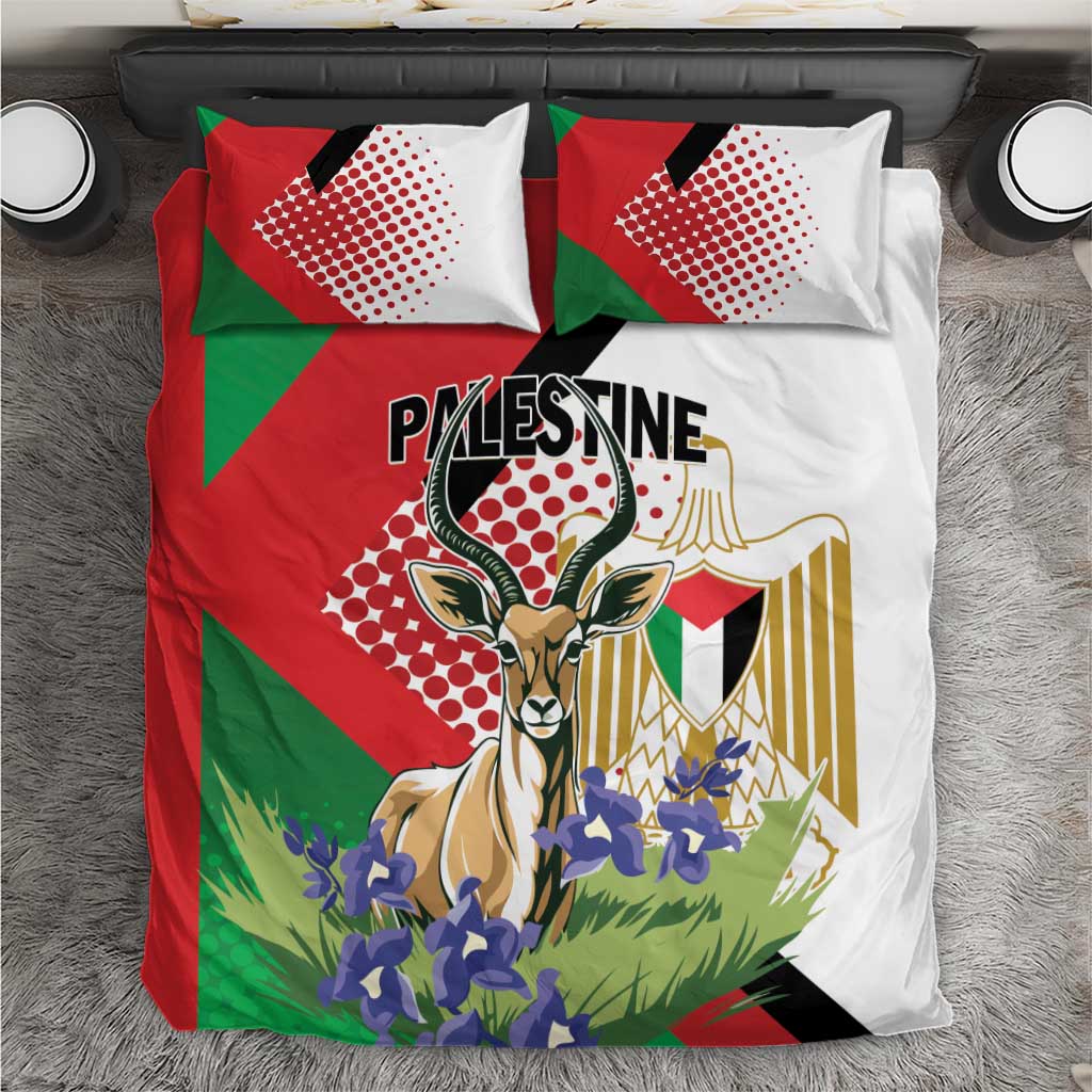 Bedding set with red, green, and white printed gazelle motif and two square pillows