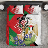 Bedding set with red, green, and white printed gazelle motif and two square pillows