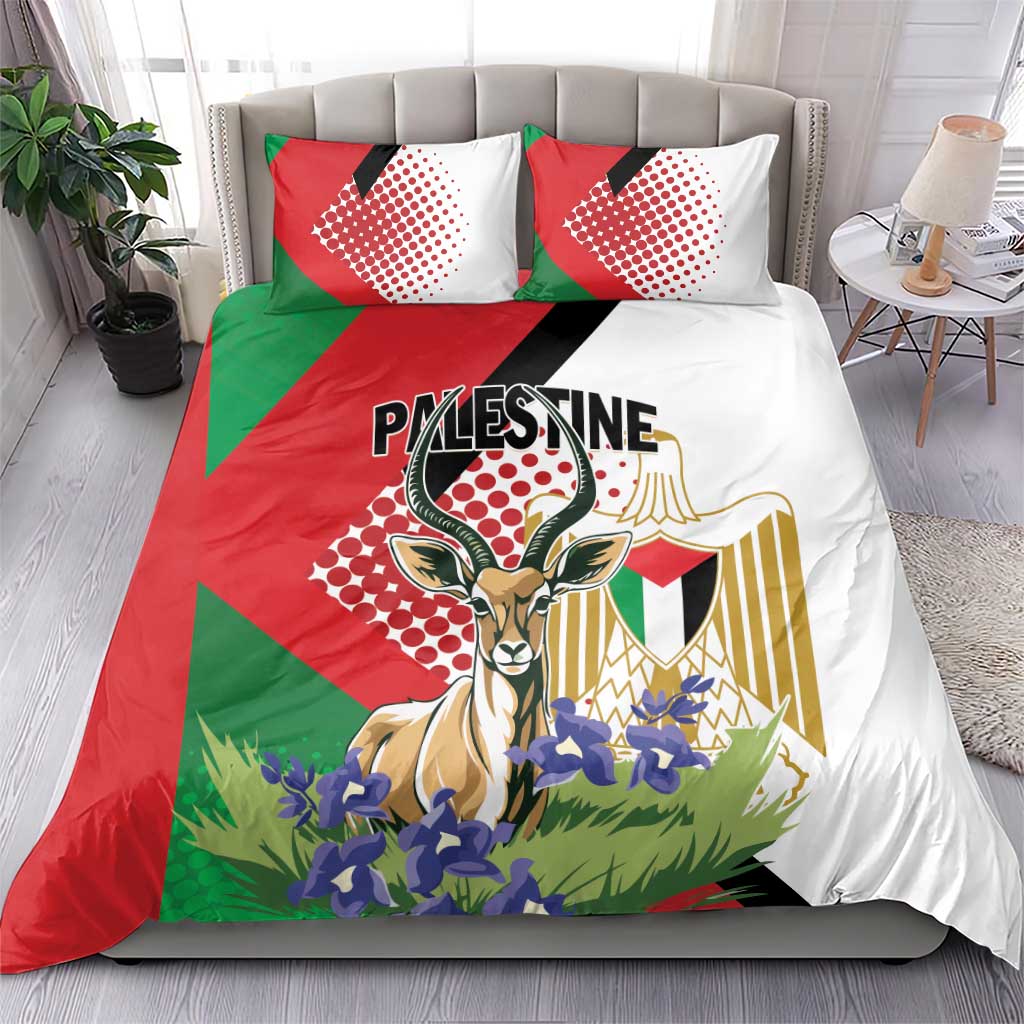 Bedding set on bed with red, green, and white gazelle graphic and two matching pillows