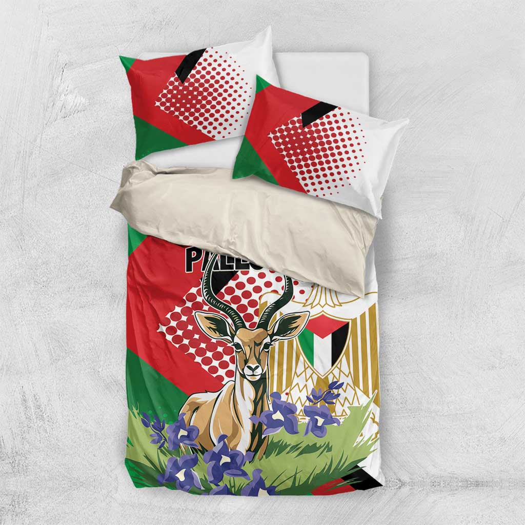 Bedding set overhead view: red-green-white gazelle design with two pillows and duvet