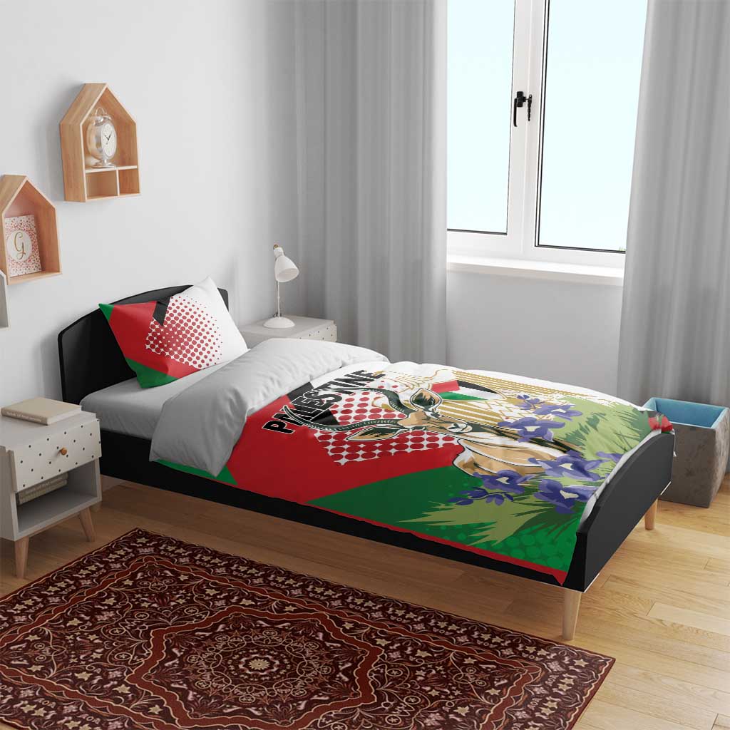 Bedding set on bed with red, green, and white gazelle graphic duvet and two pillows