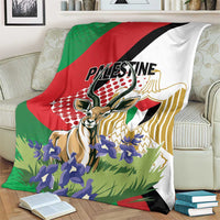 Palestine blanket close view with gazelle head, purple flowers, red green black white