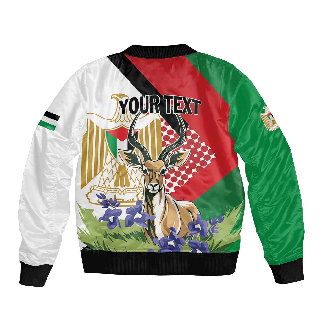 Personalized Palestine bomber jacket, back graphic with 'YOUR TEXT' and deer, ribbed hem