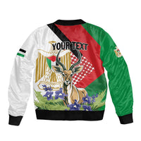 Personalized Palestine bomber jacket, back graphic with 'YOUR TEXT' and deer, ribbed hem