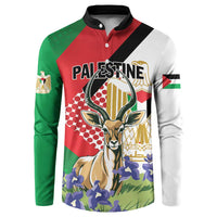 Personalized Palestine button sweatshirt front with gazelle and 'PALESTINE' lettering