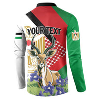 Personalized Palestine button sweatshirt back with 'YOUR TEXT' and gazelle print