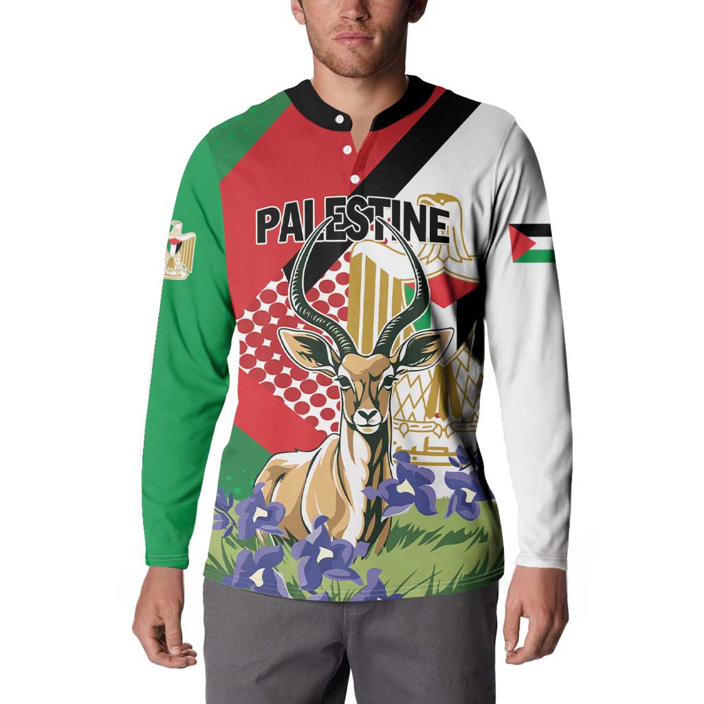 Personalized Palestine button sweatshirt with black collar and gazelle front graphic