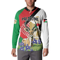 Personalized Palestine button sweatshirt with black collar and gazelle front graphic