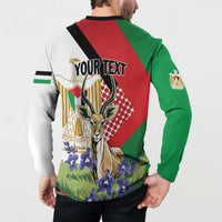 Personalized Palestine button sweatshirt back with 'YOUR TEXT' and large gazelle graphic