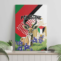 Canvas wall art featuring gazelle, purple flowers, and 'PALESTINE' text on geometric backdrop