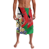 Personalized lavalava with red-green-black panel print, gazelle graphic, custom text area