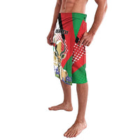 Personalized lavalava with red-green-black geometric print, gazelle illustration, custom text