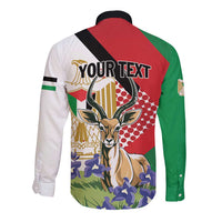 Unisex long-sleeve button shirt, multicolor back print with Your Text and gazelle